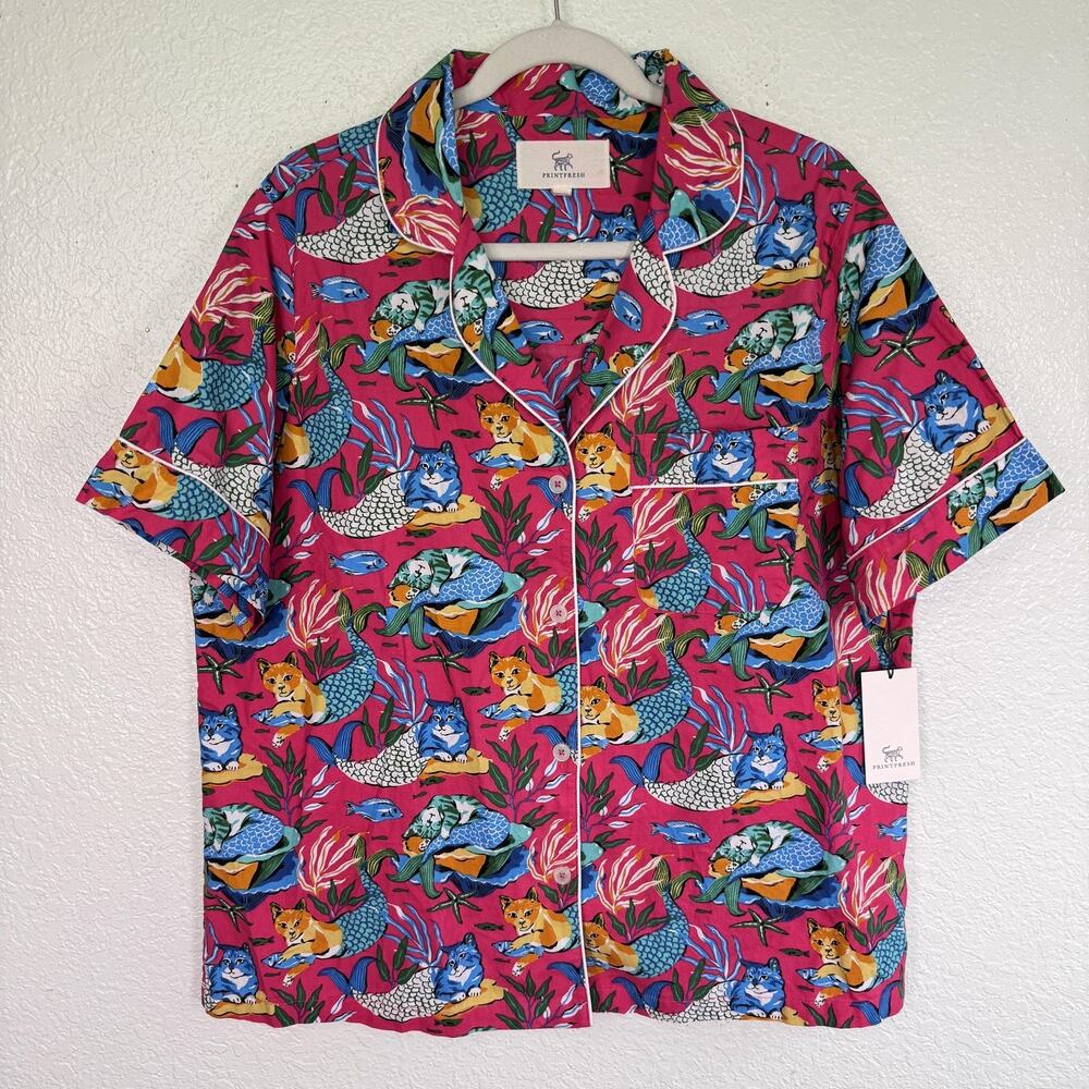 Printfresh Pajama Top Womens Large Meowing Mermaids Cat Print Organic Cotton NEW